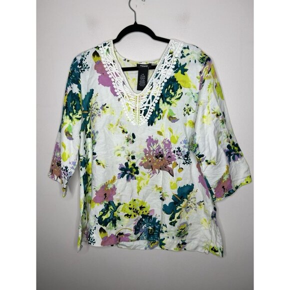 Premise Pink and White 3/4 Sleeve Embellished Blouse Linen Blend Size Large - Picture 1 of 9